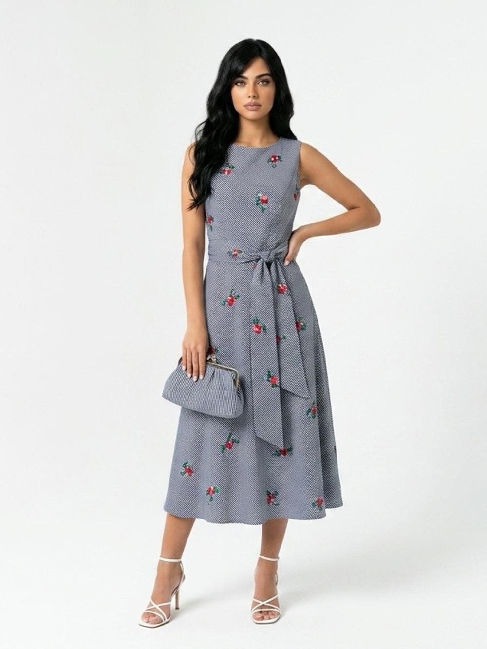 Anne Klein Navy Blue Floral Midi Dress with Self-Tie Waist